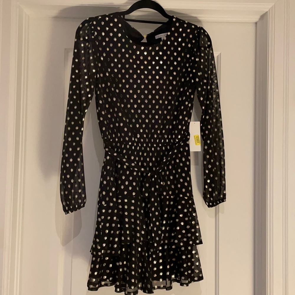 NWT City Vibe Dress black with gold size S polka dots